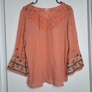 Figs and flower embroider lace coral boho wide sleeve western top sz L NEW